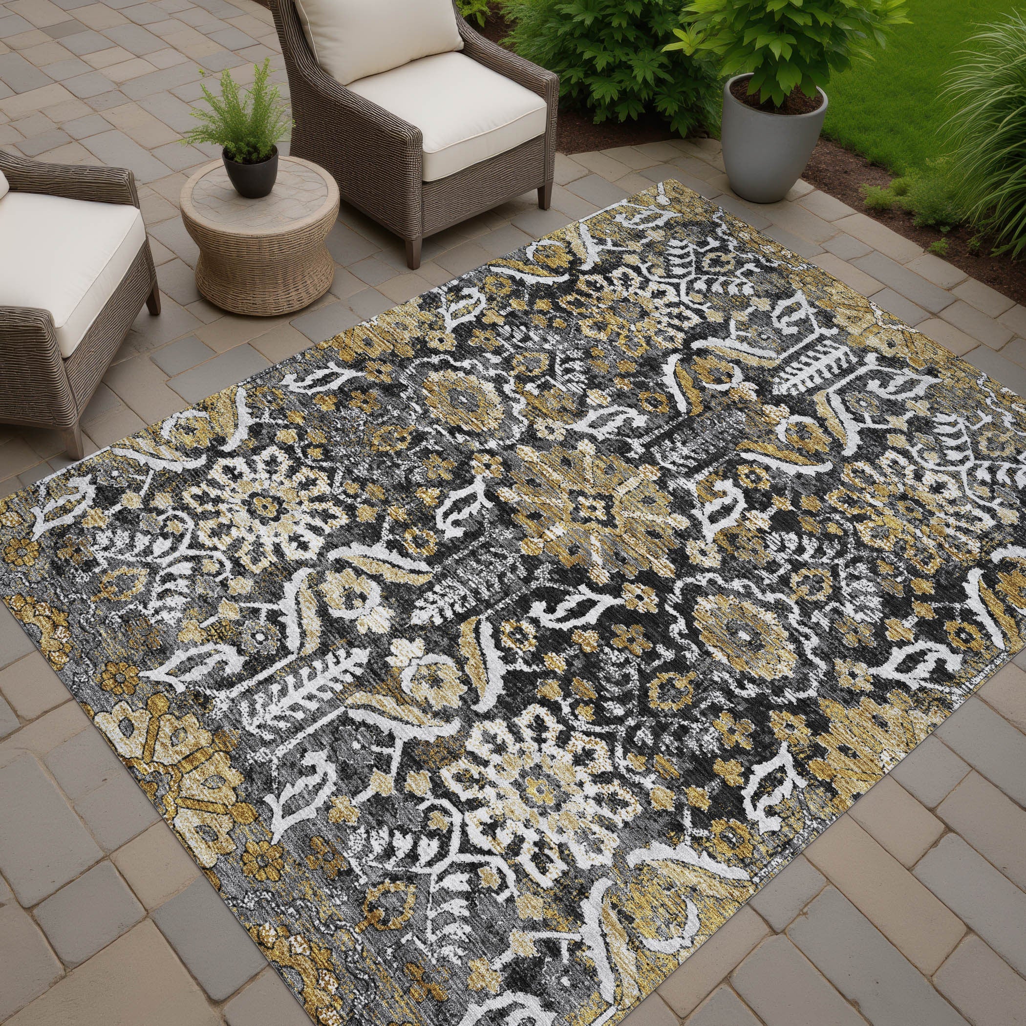 10' X 14' Black And Graphite Damask Washable Indoor Outdoor Area Rug Homeroots Outdoor