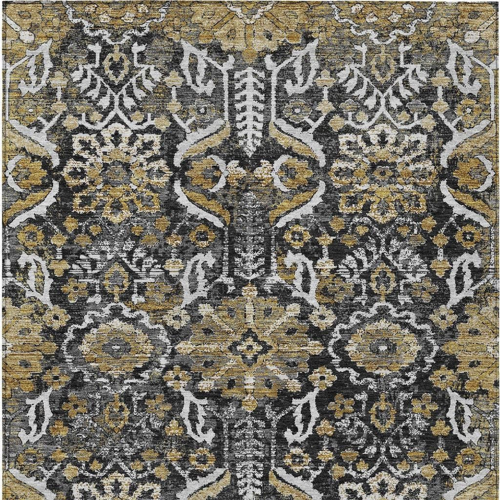 10' X 14' Black And Graphite Damask Washable Indoor Outdoor Area Rug Homeroots Outdoor