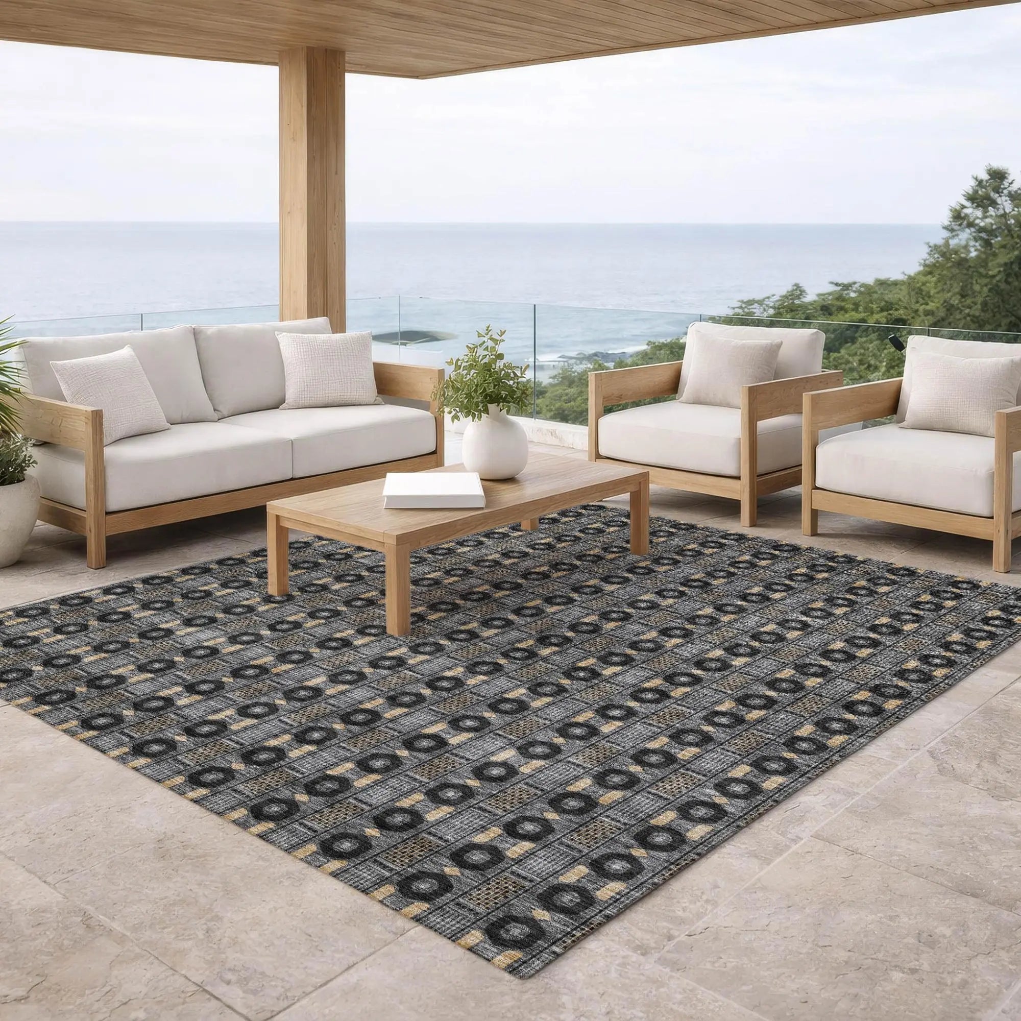 10' X 14' Black And Graphite Striped Washable Indoor Outdoor Area Rug Homeroots Outdoor