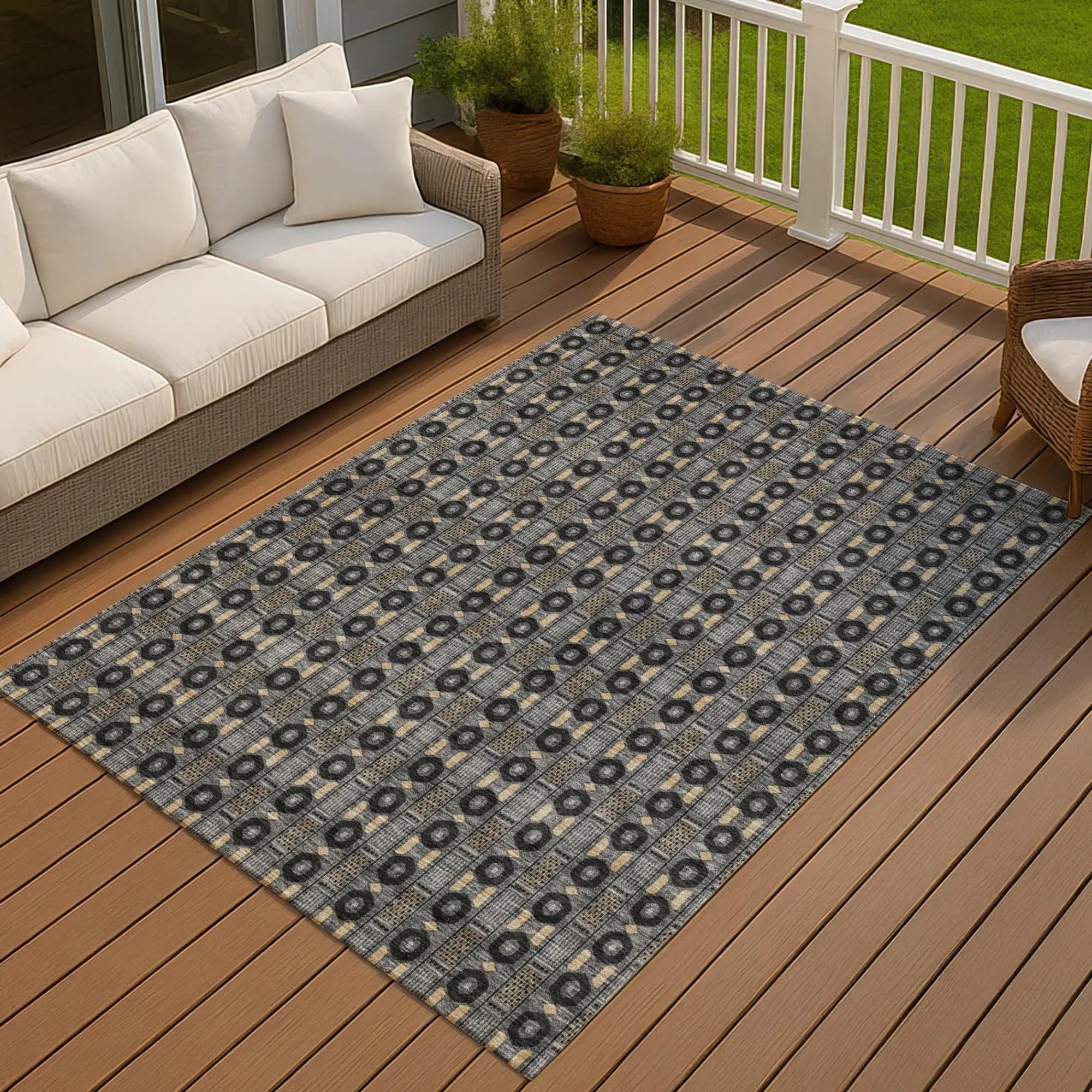 10' X 14' Black And Graphite Striped Washable Indoor Outdoor Area Rug Homeroots Outdoor