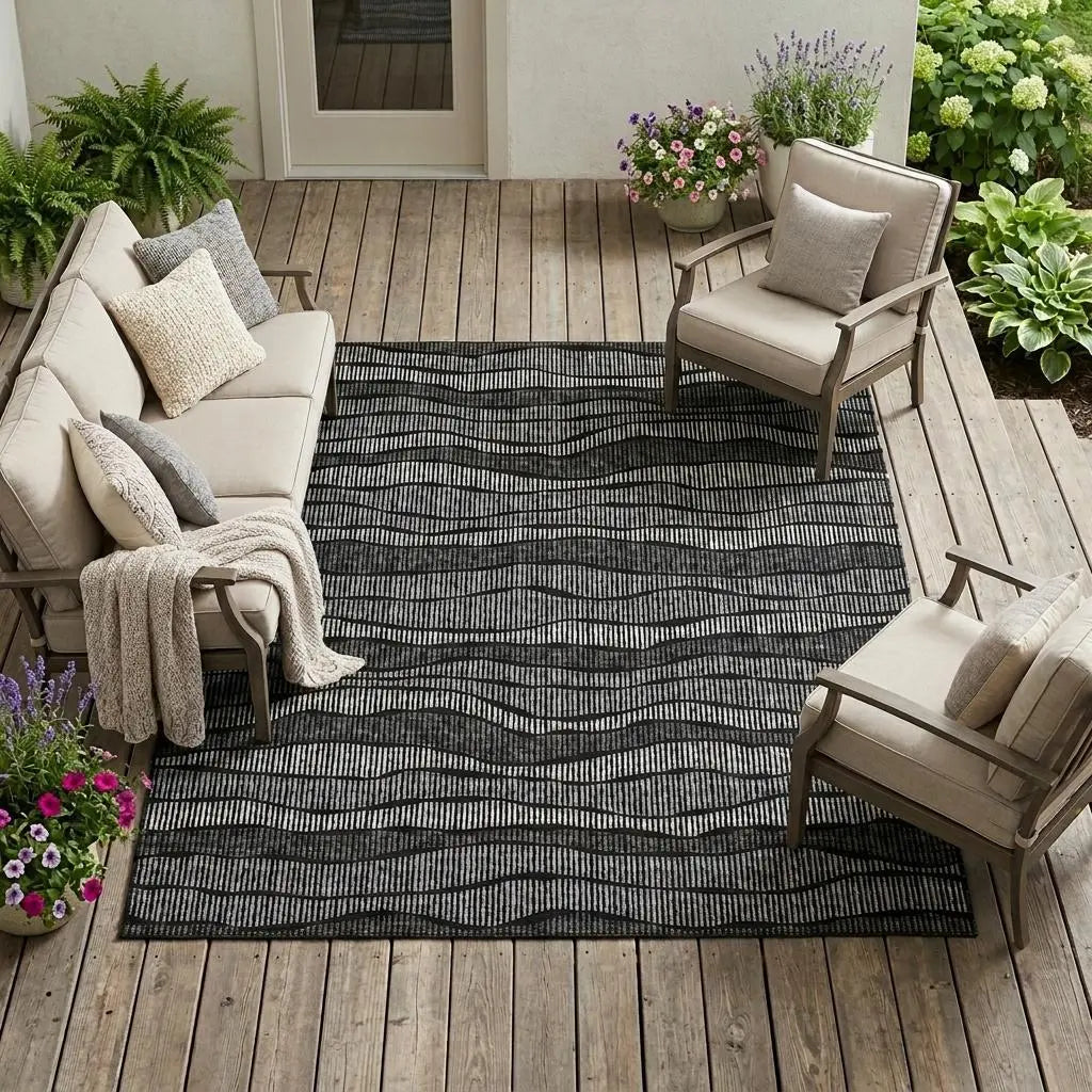 10' X 14' Black And Graphite Striped Washable Indoor Outdoor Area Rug Homeroots Outdoor