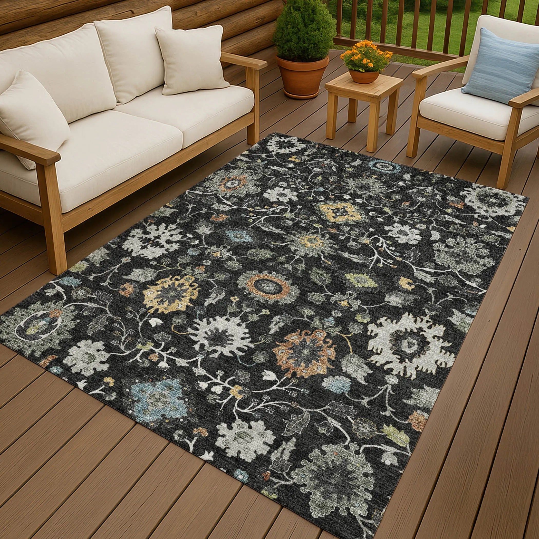 10' X 14' Black And Gray Floral Medallion Washable Indoor Outdoor Area Rug Homeroots Outdoor