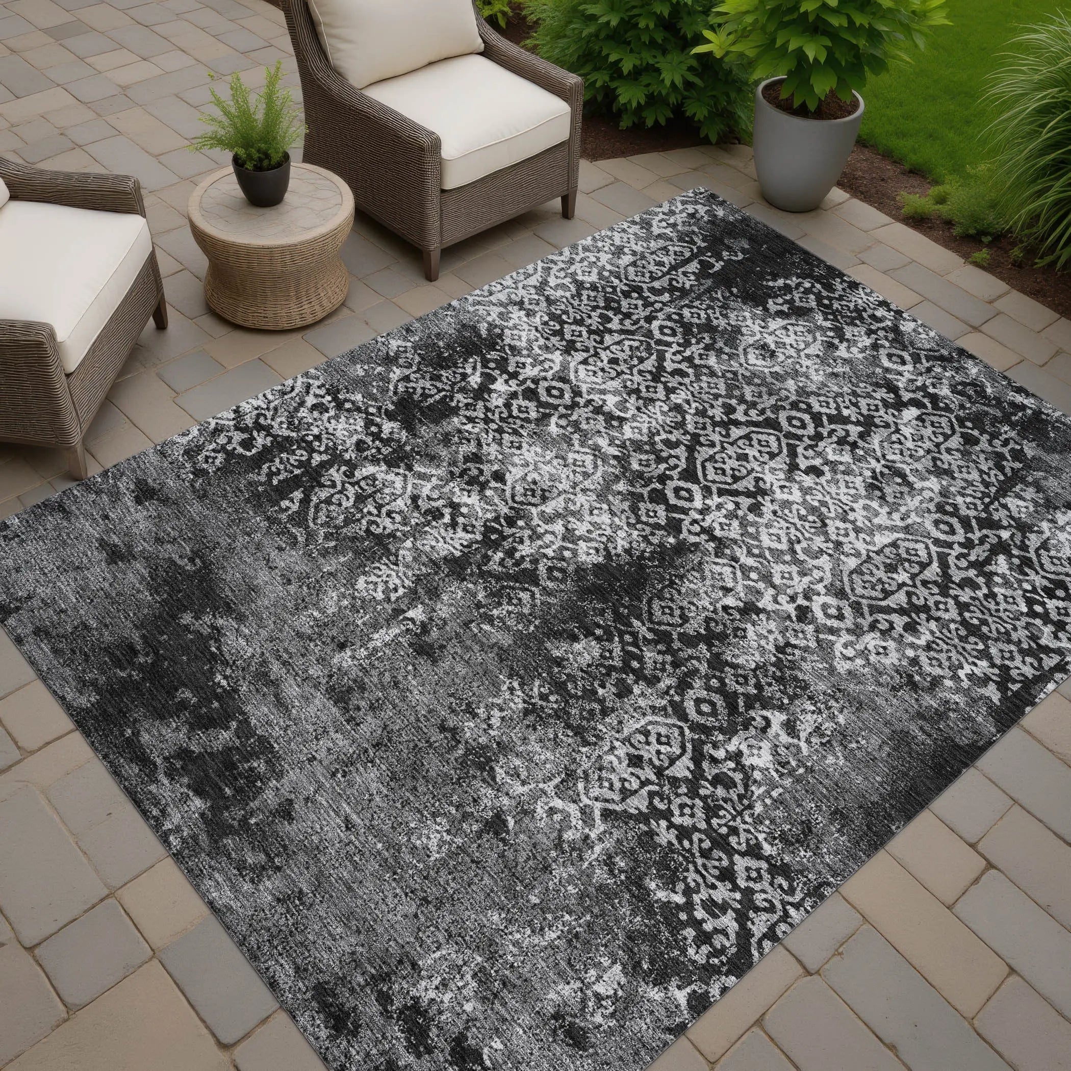 10' X 14' Black And Gray Oriental Washable Indoor Outdoor Area Rug Homeroots Outdoor