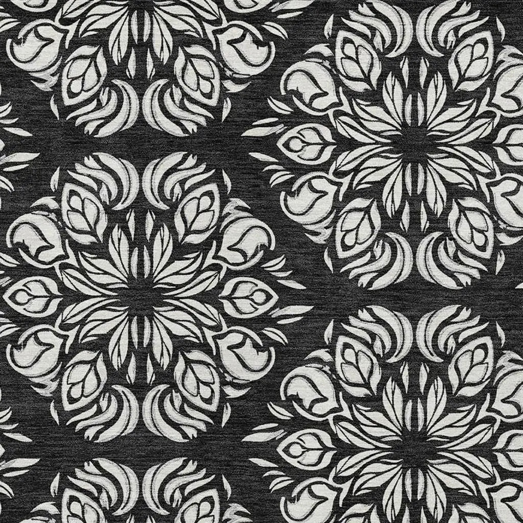 10' X 14' Black And Ivory Damask Washable Indoor Outdoor Area Rug Homeroots Outdoor