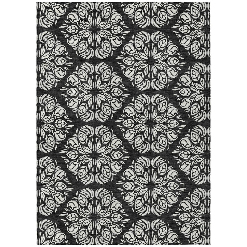 10' X 14' Black And Ivory Damask Washable Indoor Outdoor Area Rug Homeroots Outdoor