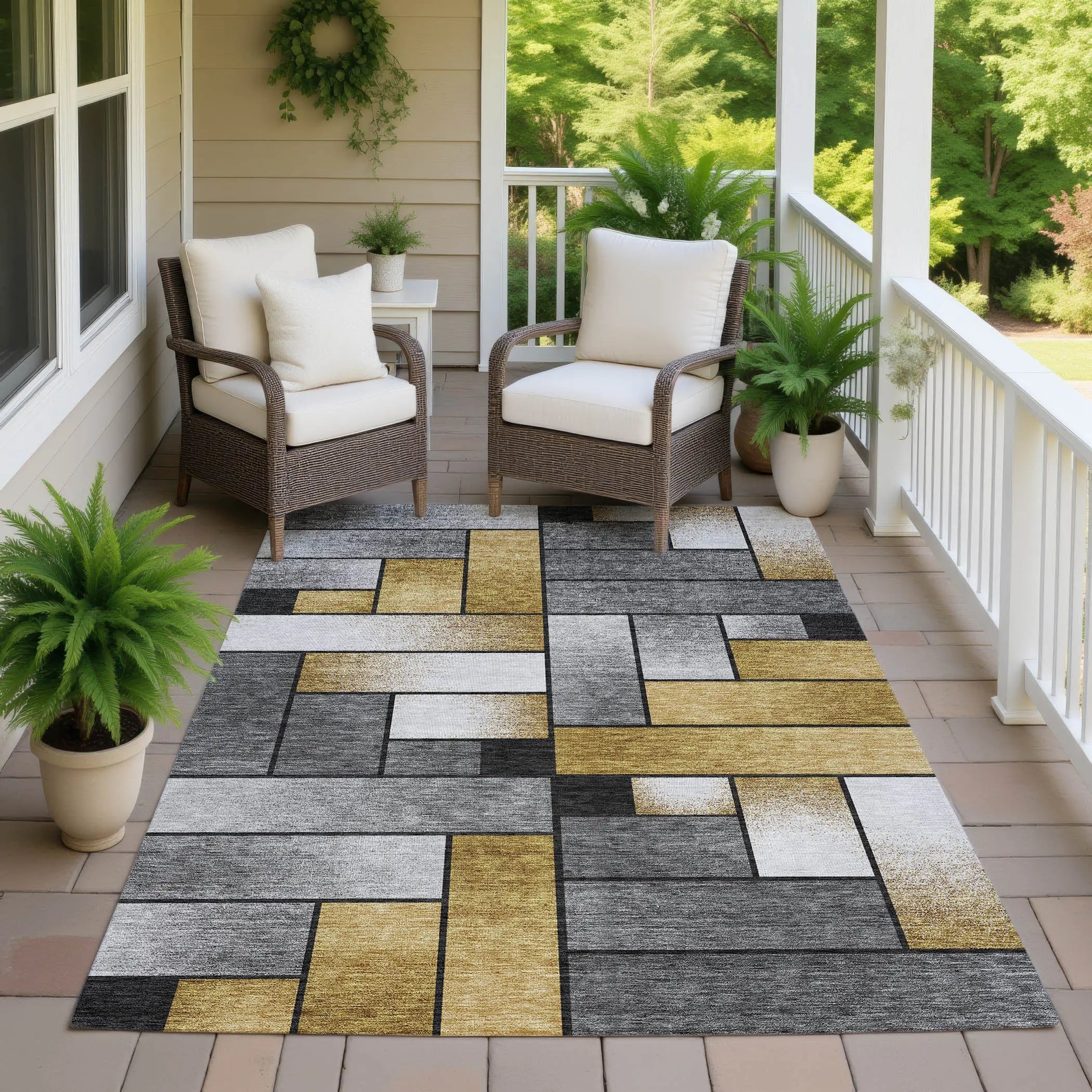 10' X 14' Black And Khaki Geometric Washable Indoor Outdoor Area Rug Homeroots Outdoor