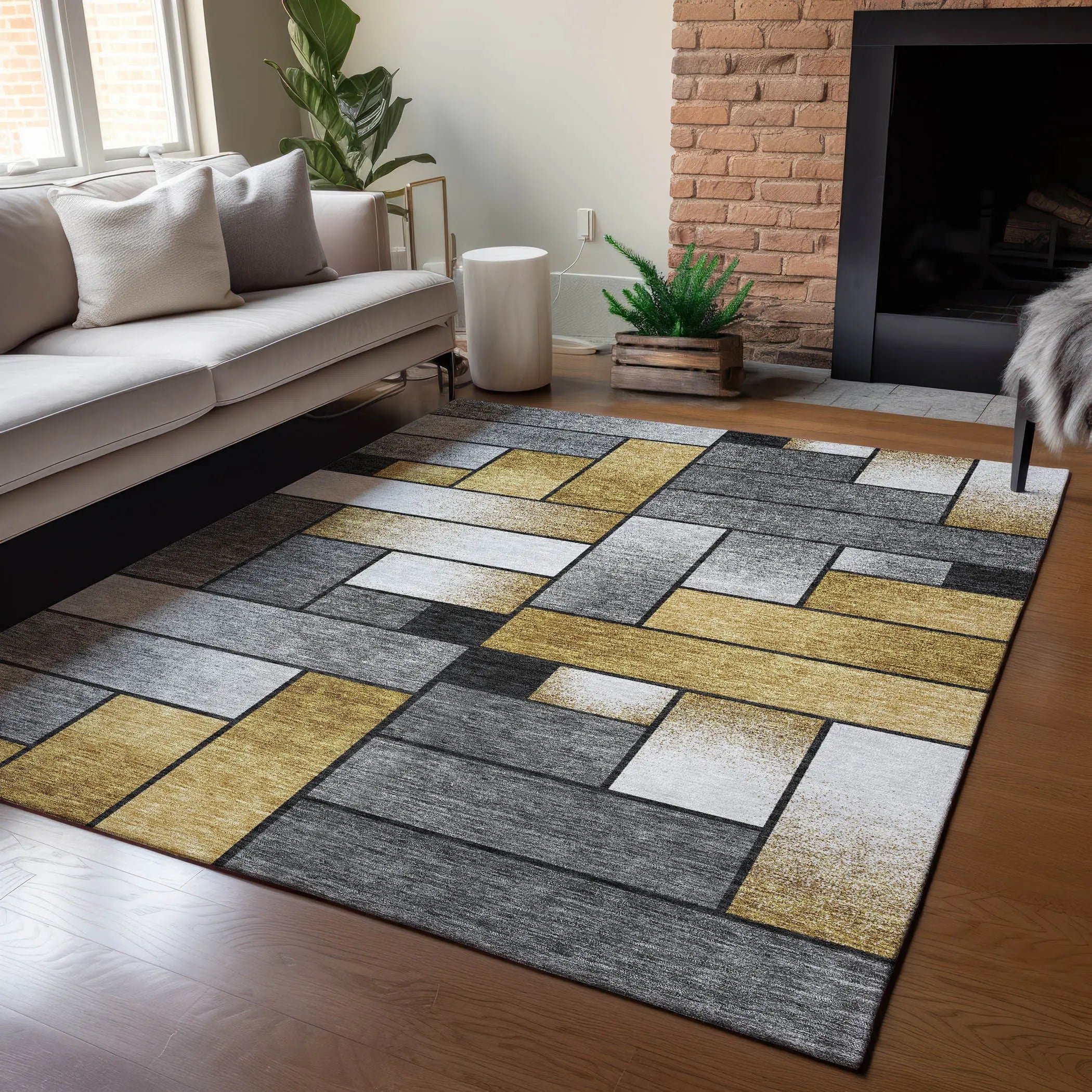 10' X 14' Black And Khaki Geometric Washable Indoor Outdoor Area Rug Homeroots Outdoor