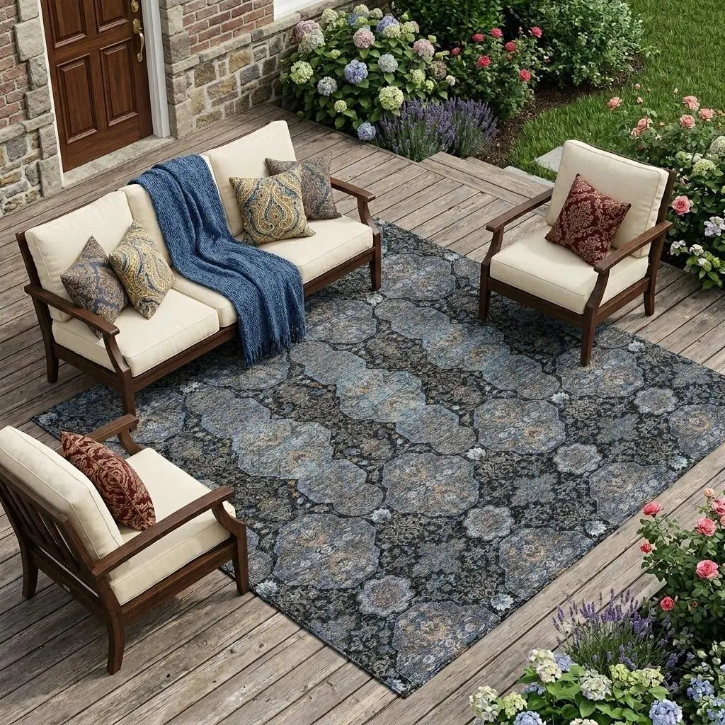 10' X 14' Black And Navy Blue Floral Washable Indoor Outdoor Area Rug Homeroots Outdoor