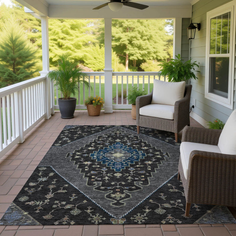 10' X 14' Black And Navy Blue Geometric Washable Indoor Outdoor Area Rug Homeroots Outdoor