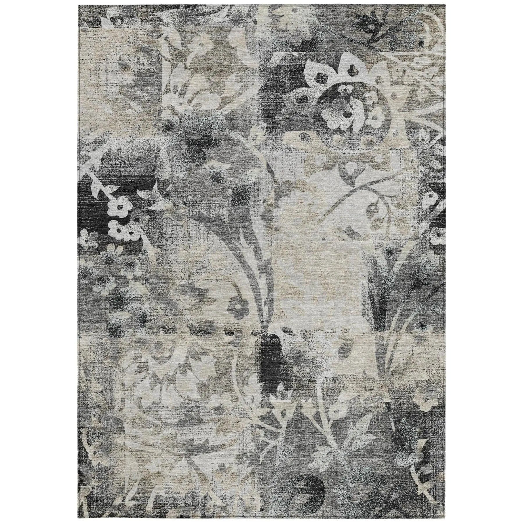 10' X 14' Black And Silver Botanical Leaves Washable Indoor Outdoor Area Rug Homeroots Outdoor