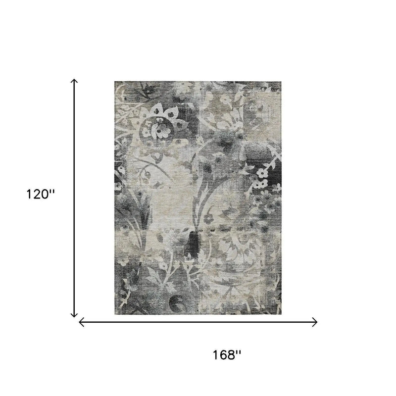 10' X 14' Black And Silver Botanical Leaves Washable Indoor Outdoor Area Rug Homeroots Outdoor