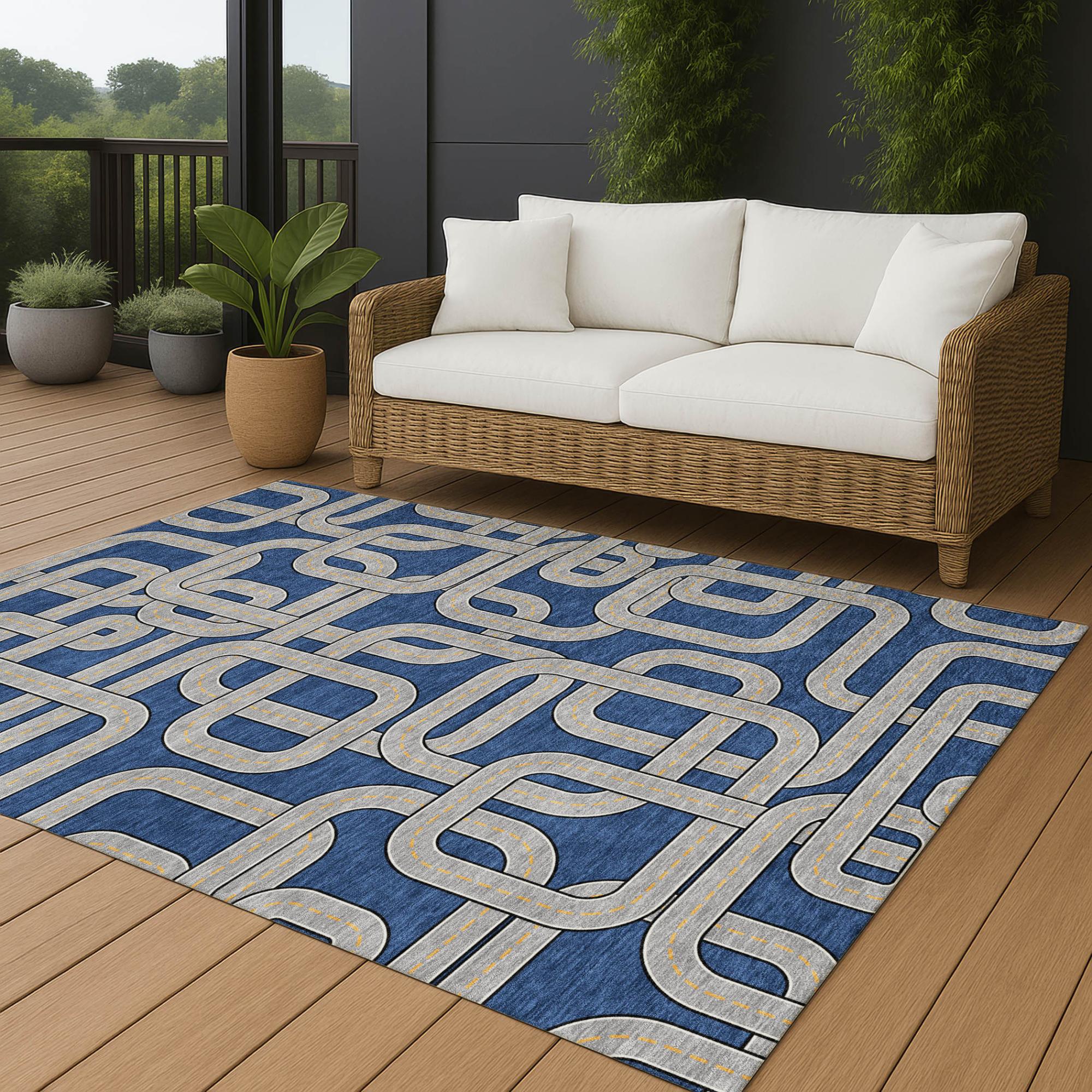 10' X 14' Blue And Gray Geometric Washable Indoor Outdoor Area Rug Homeroots Outdoor