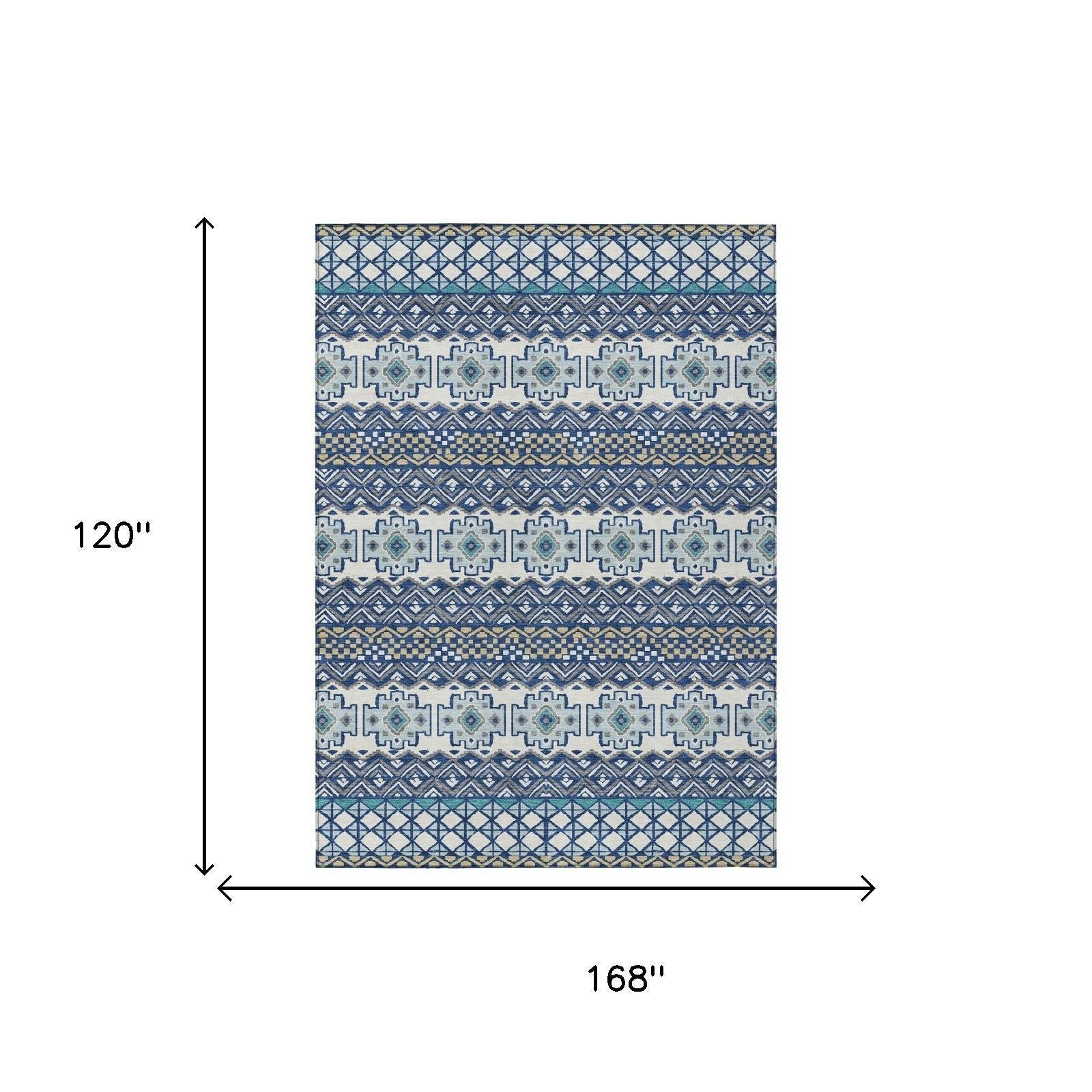 10' X 14' Blue And Gray Striped Washable Indoor Outdoor Area Rug Homeroots Outdoor