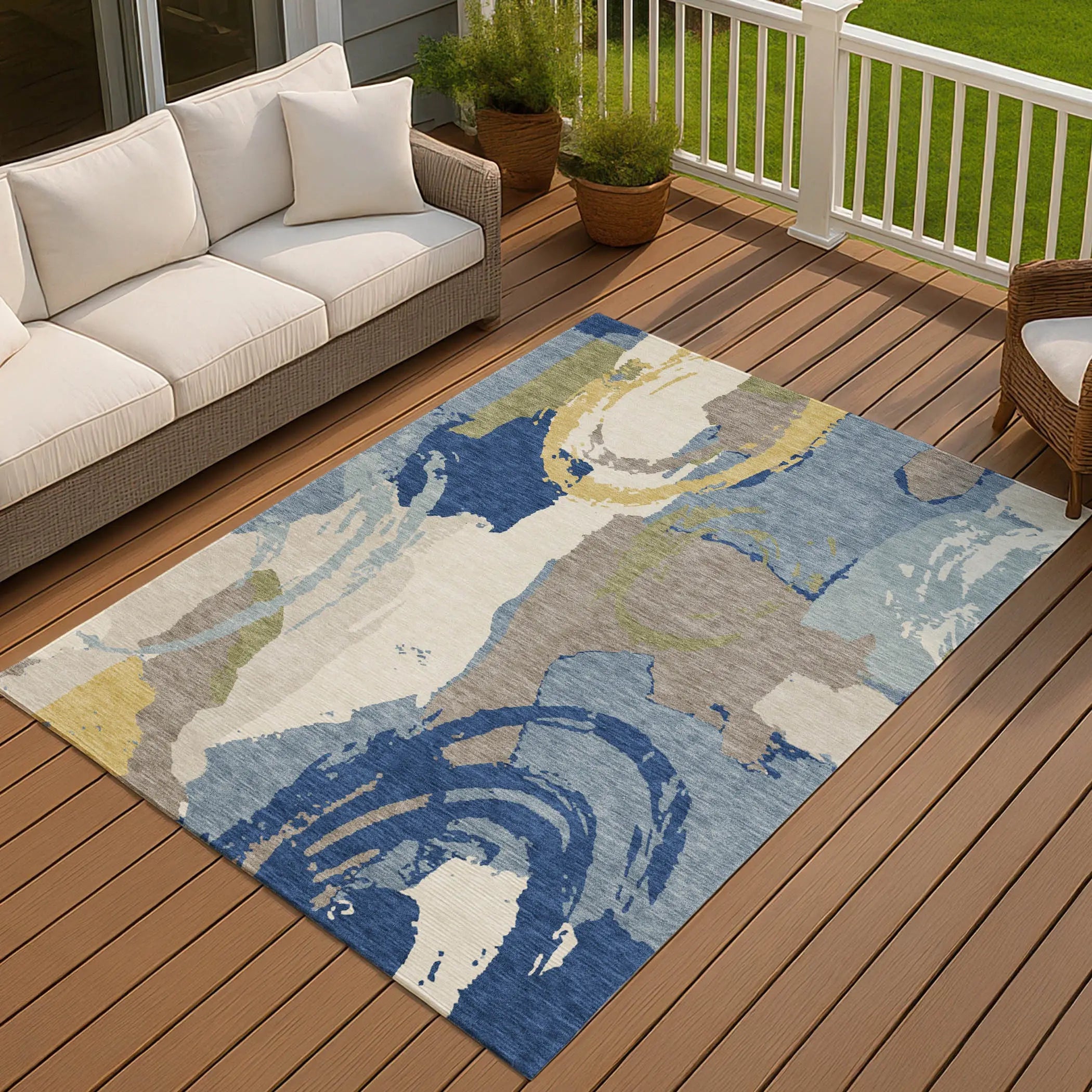 10' X 14' Blue And Green Abstract Washable Indoor Outdoor Area Rug Homeroots Outdoor