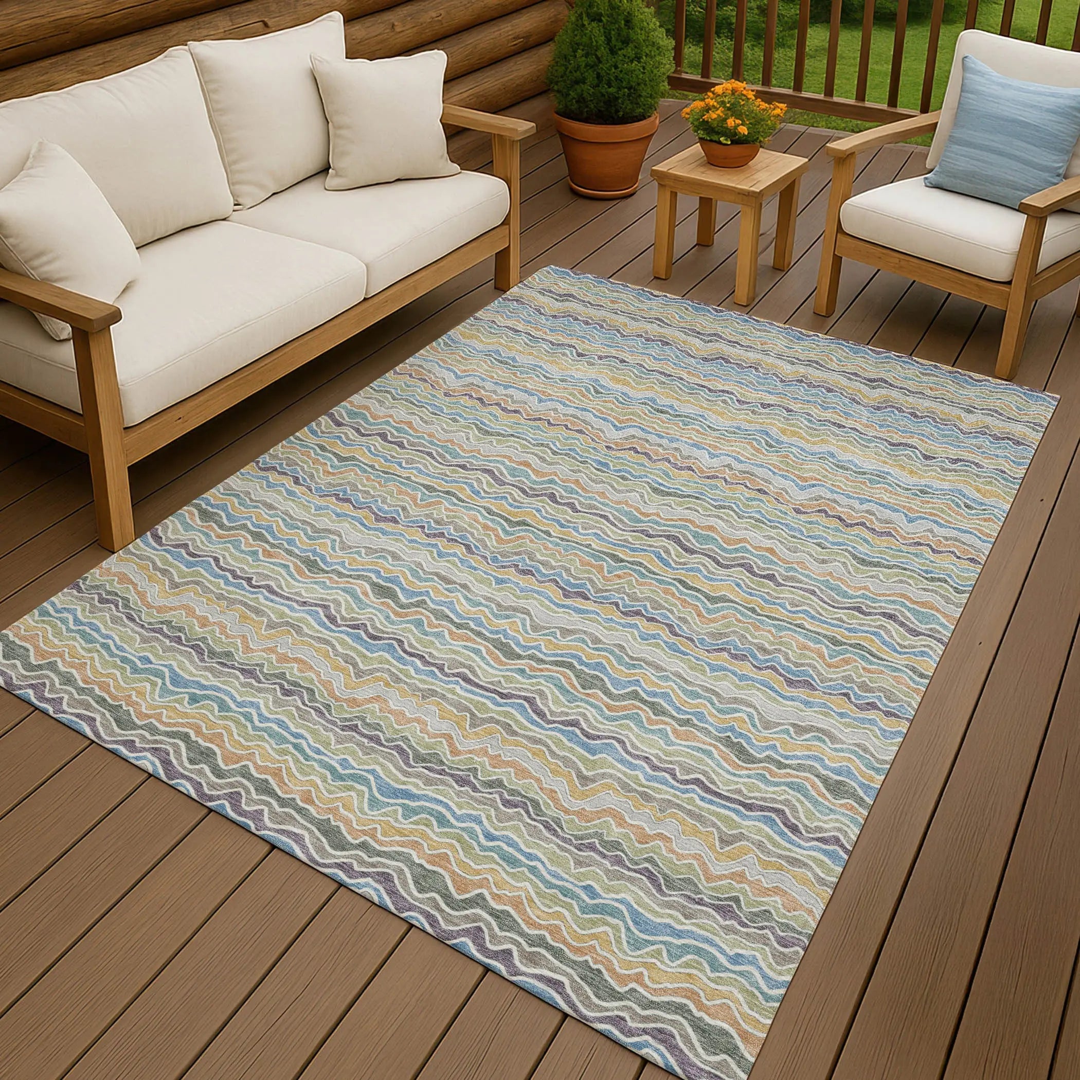 10' X 14' Blue And Green Striped Washable Indoor Outdoor Area Rug Homeroots Outdoor