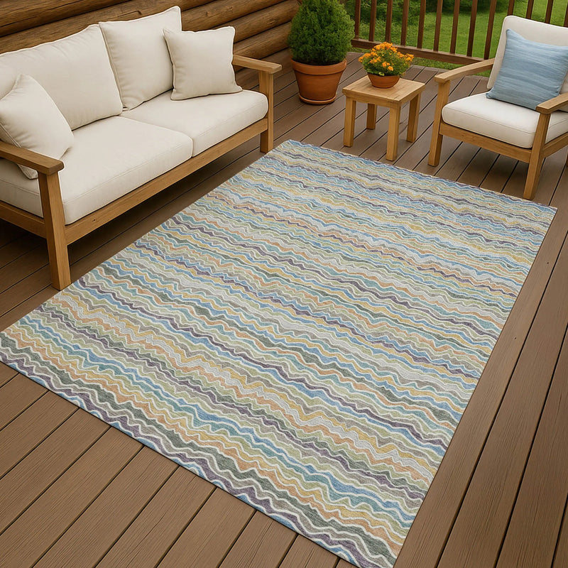 10' X 14' Blue And Green Striped Washable Indoor Outdoor Area Rug Homeroots Outdoor
