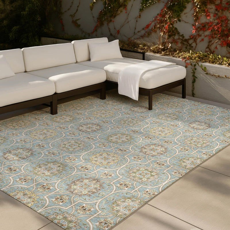10' X 14' Blue And Ivory Floral Medallion Washable Indoor Outdoor Area Rug Homeroots Outdoor