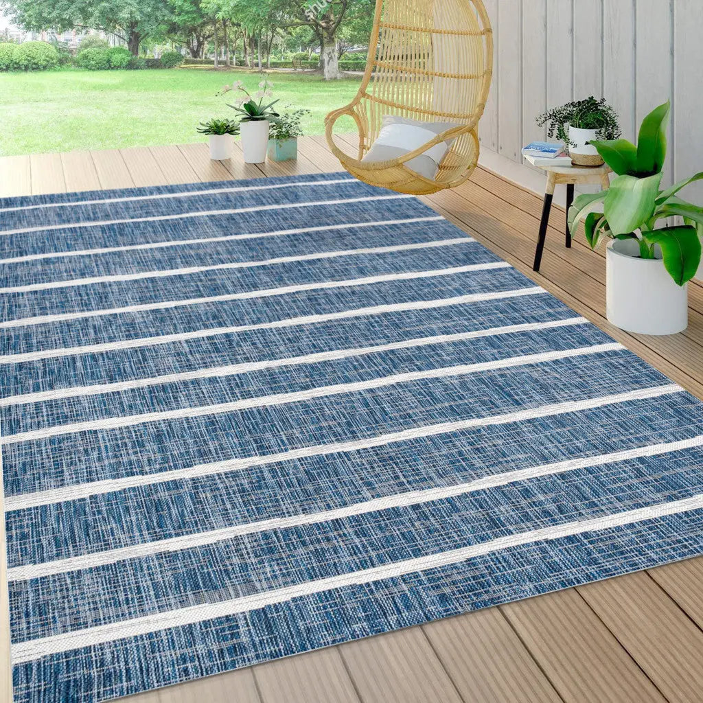 10' X 14' Blue And Ivory Striped Indoor Outdoor Area Rug Homeroots Outdoor
