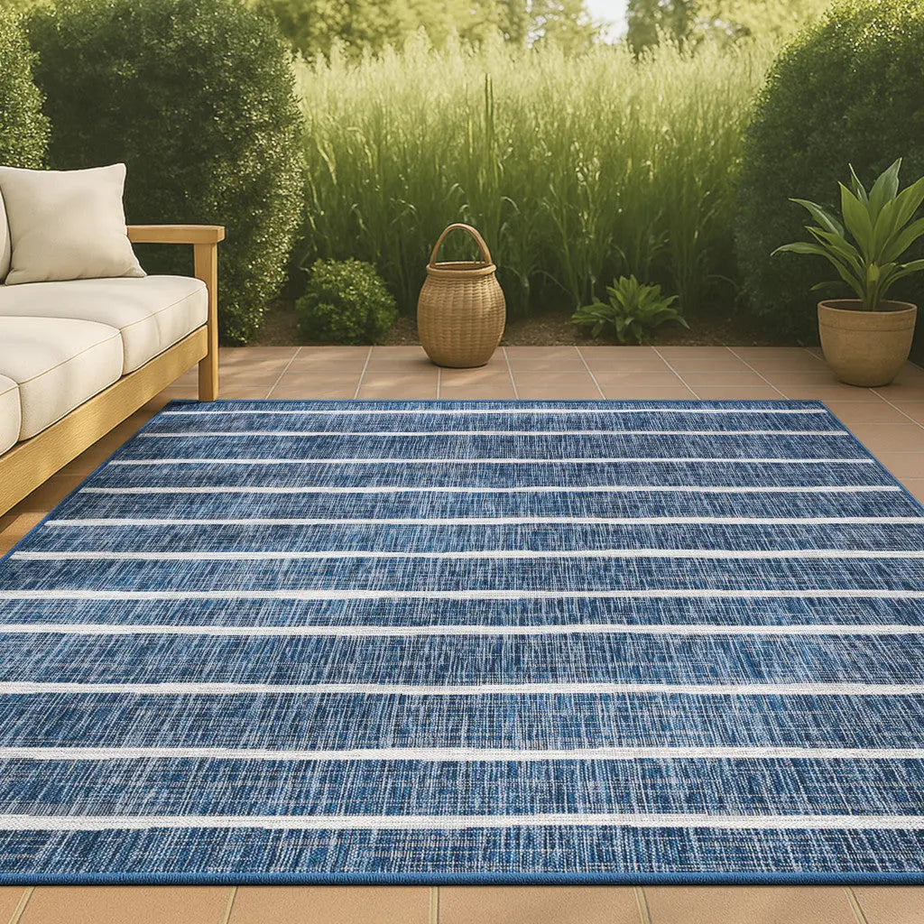10' X 14' Blue And Ivory Striped Indoor Outdoor Area Rug Homeroots Outdoor