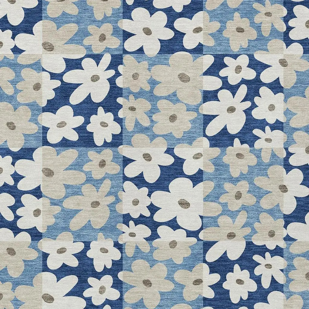 10' X 14' Blue And Navy Blue Floral Washable Indoor Outdoor Area Rug Homeroots Outdoor
