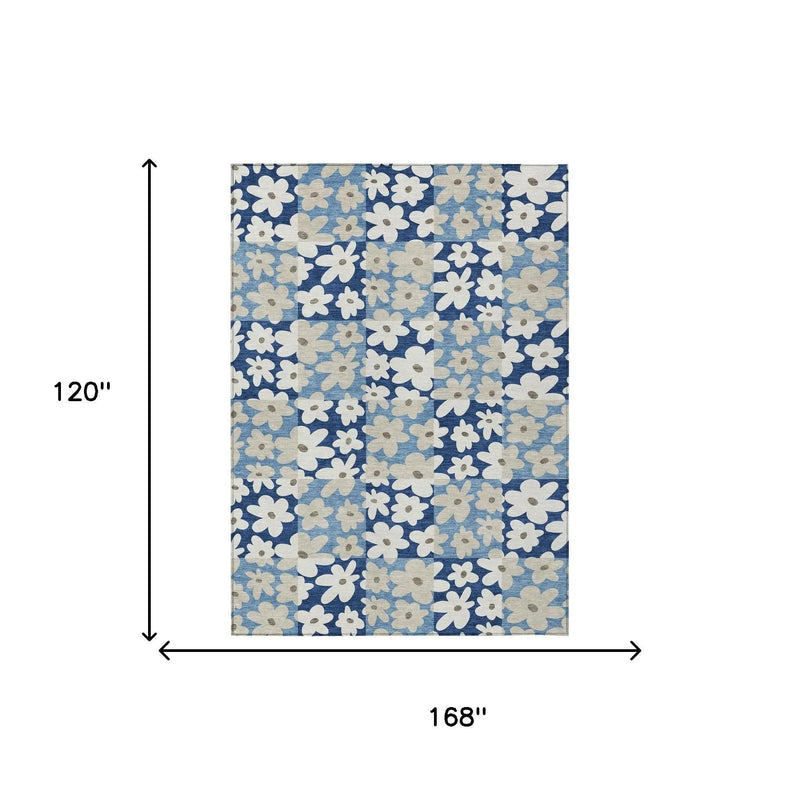 10' X 14' Blue And Navy Blue Floral Washable Indoor Outdoor Area Rug Homeroots Outdoor