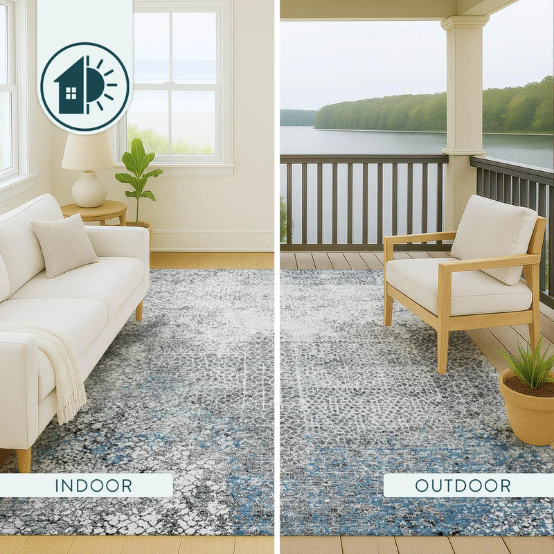 10' X 14' Blue And Pewter Abstract Washable Indoor Outdoor Area Rug Homeroots Outdoor