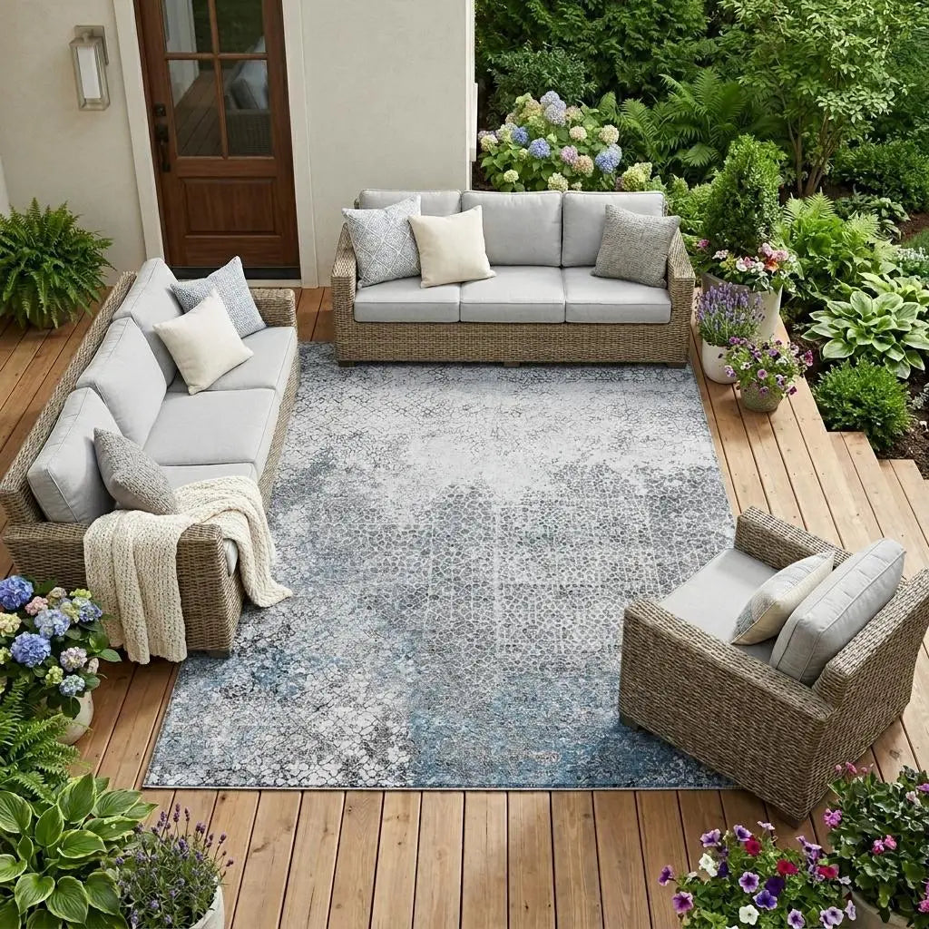 10' X 14' Blue And Pewter Abstract Washable Indoor Outdoor Area Rug Homeroots Outdoor