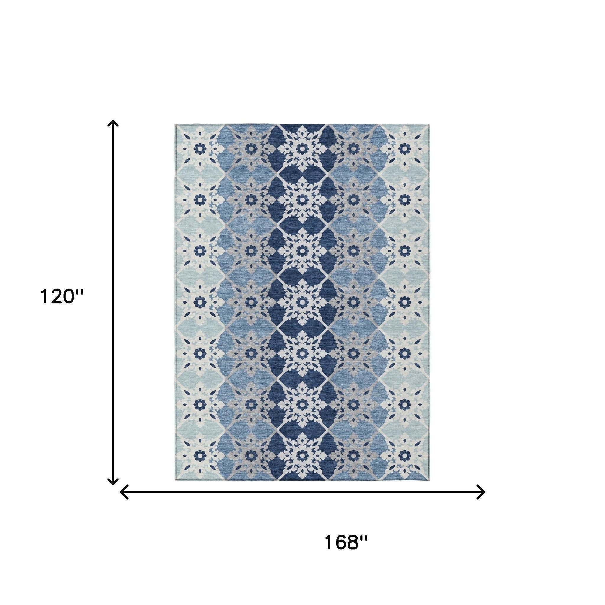 10' X 14' Blue And Pewter Floral Medallion Washable Indoor Outdoor Area Rug Homeroots Outdoor