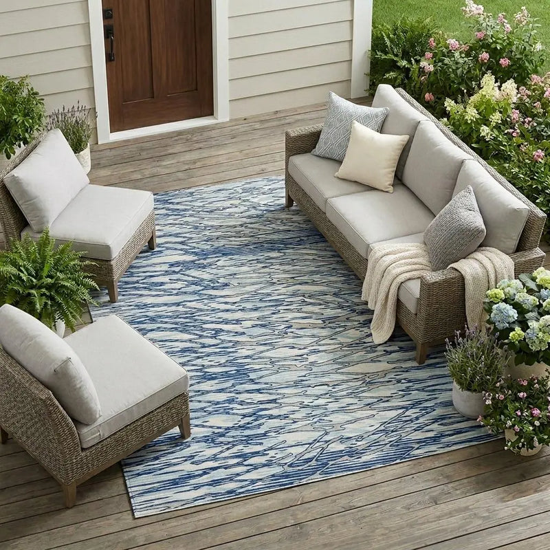 10' X 14' Blue And Silver Abstract Washable Indoor Outdoor Area Rug Homeroots Outdoor