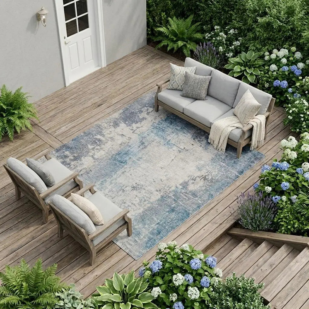 10' X 14' Blue And Silver Abstract Washable Indoor Outdoor Area Rug Homeroots Outdoor