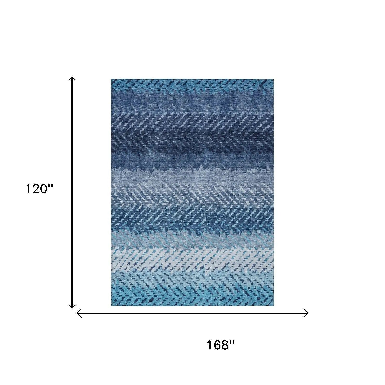 Blue gradient area rug, 168" x 120", made of soft polypropylene, featuring a modern abstract pattern.