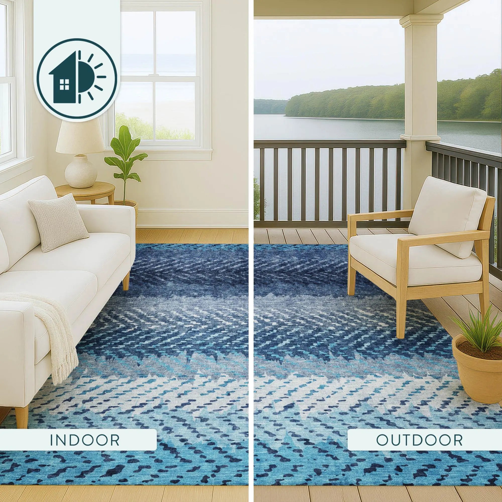Blue and white patterned indoor/outdoor rug, featuring a modern design and weather-resistant material.