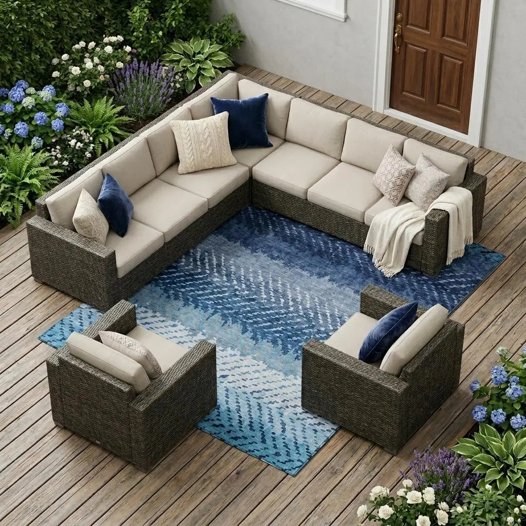 L-shaped outdoor sectional sofa in gray wicker with cream cushions, paired with navy and cream accent pillows on a blue patterned rug.