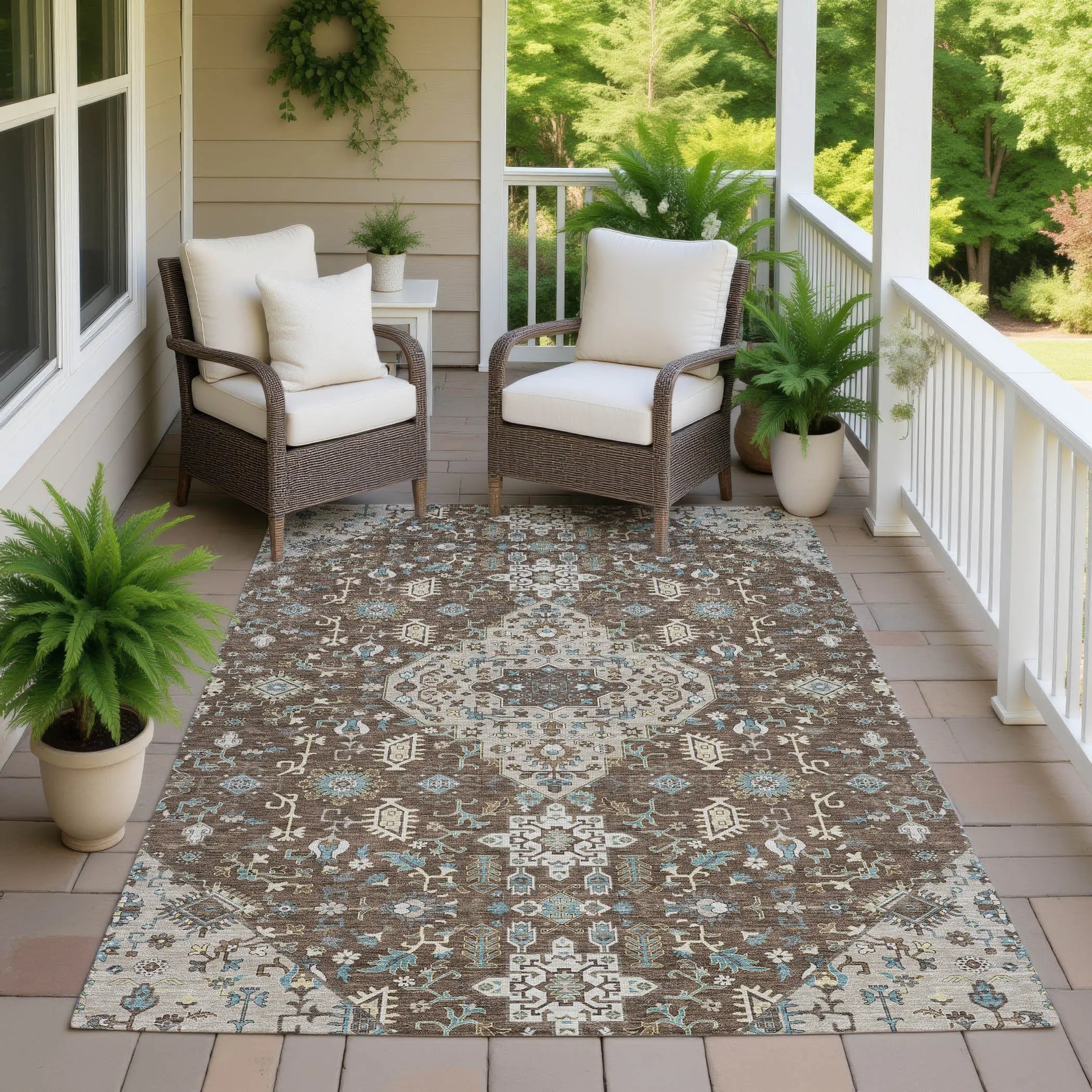 10' X 14' Brown And Beige Medallion Washable Indoor Outdoor Area Rug Homeroots Outdoor