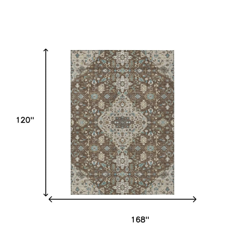 10' X 14' Brown And Beige Medallion Washable Indoor Outdoor Area Rug Homeroots Outdoor