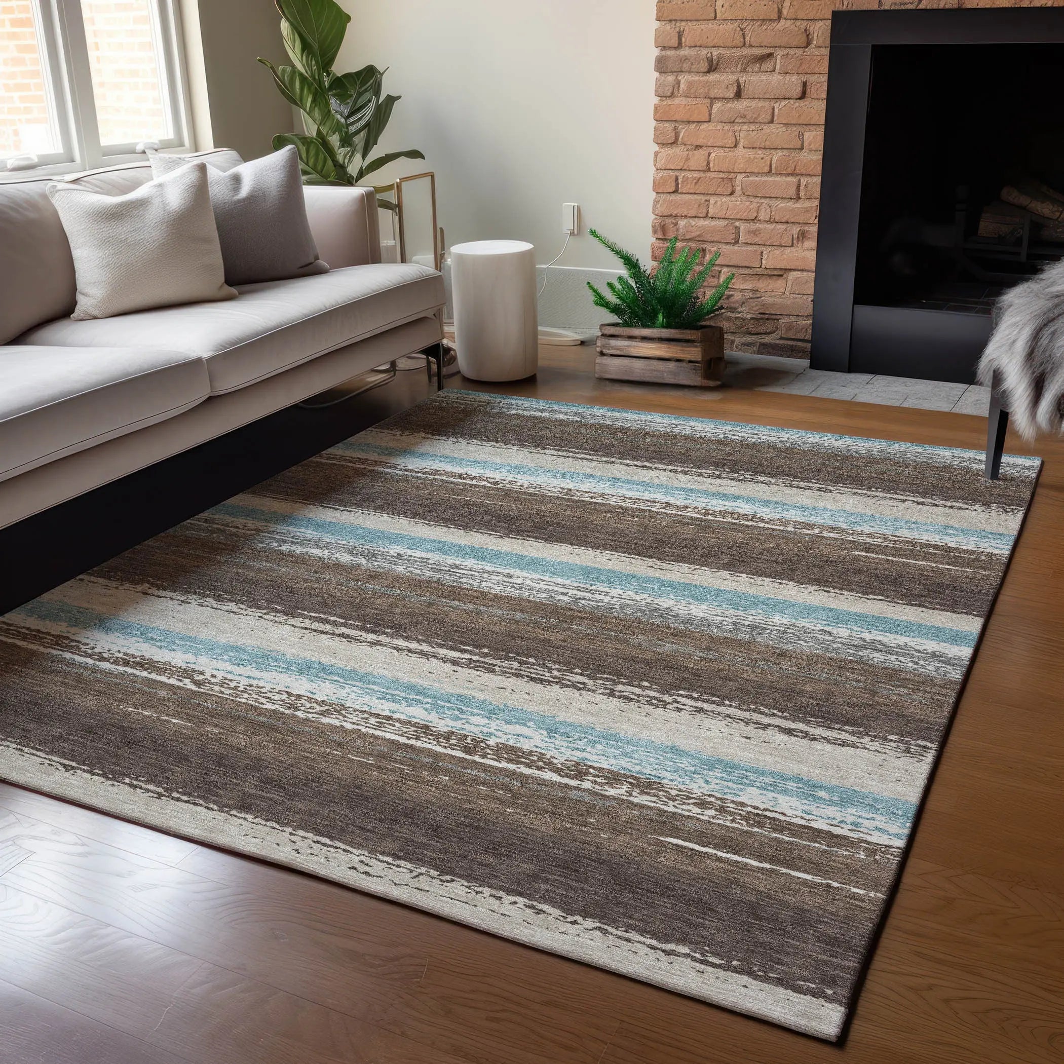 10' X 14' Brown And Beige Striped Washable Indoor Outdoor Area Rug Homeroots Outdoor