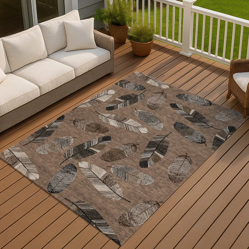 10' X 14' Brown And Ivory Botanical Leaves Washable Indoor Outdoor Area Rug Homeroots Outdoor