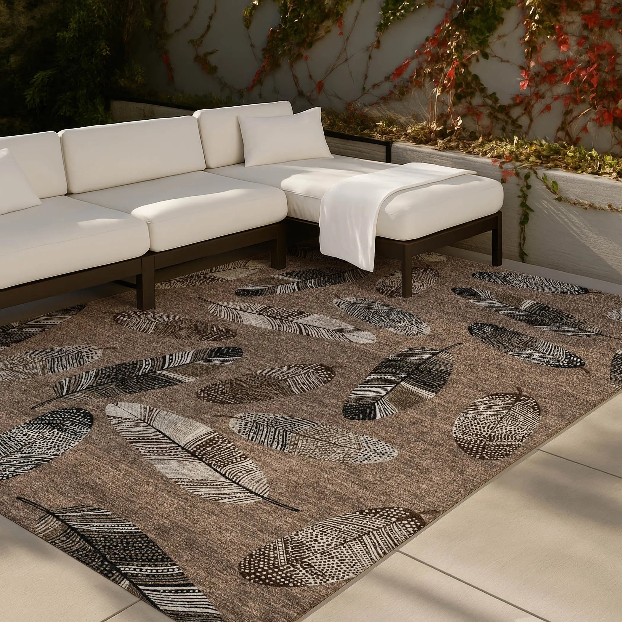 10' X 14' Brown And Ivory Botanical Leaves Washable Indoor Outdoor Area Rug Homeroots Outdoor