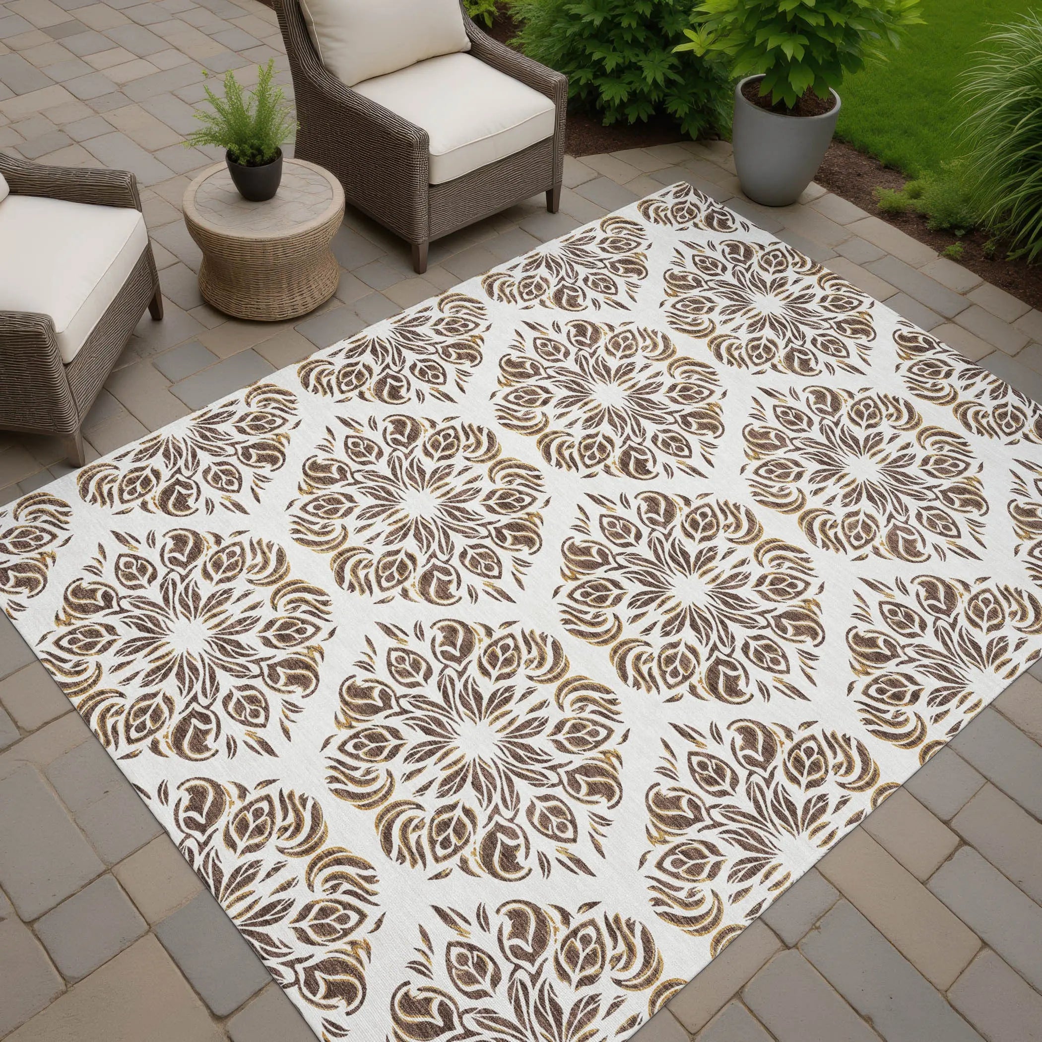 10' X 14' Brown And Ivory Damask Washable Indoor Outdoor Area Rug Homeroots Outdoor
