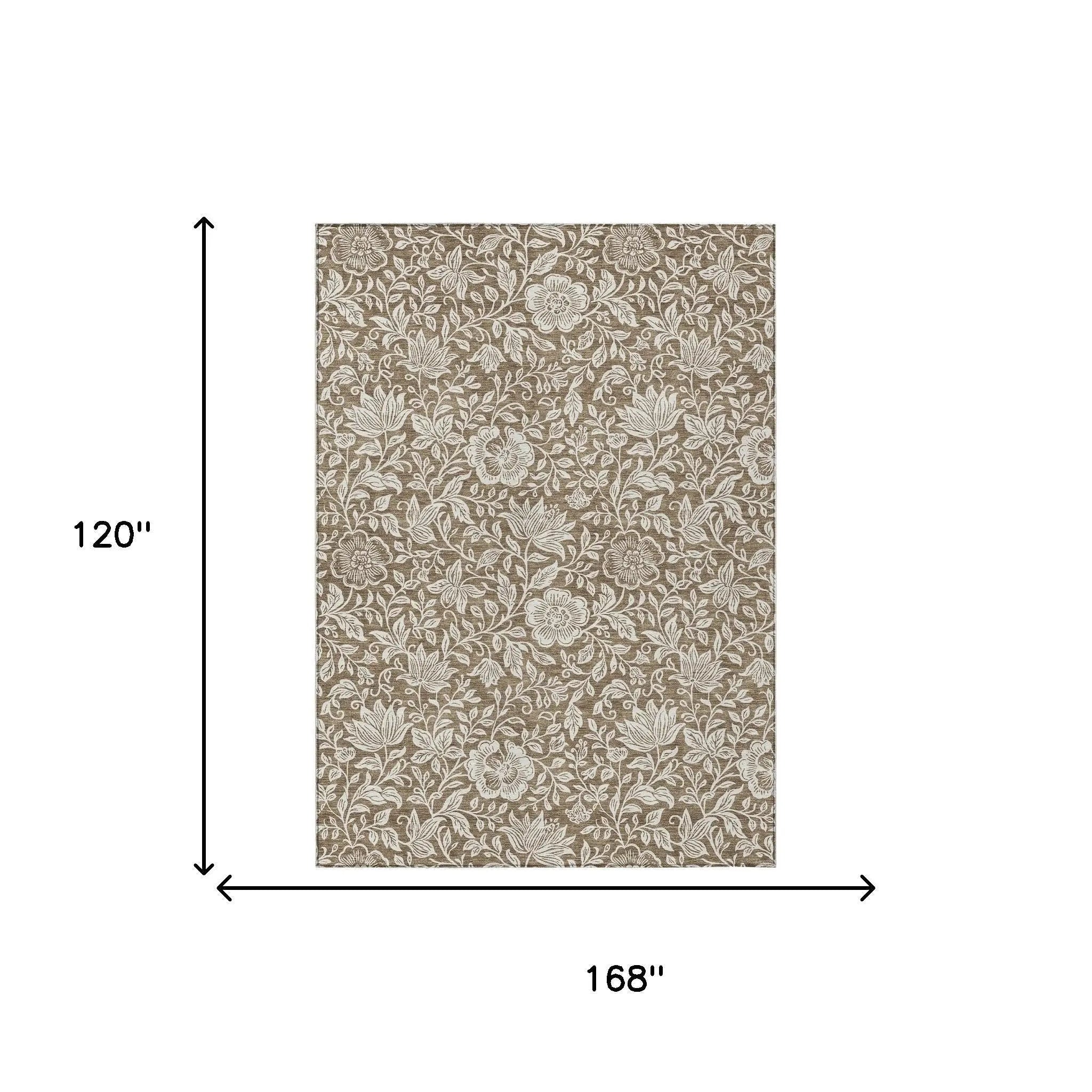 10' X 14' Brown And Ivory Floral Washable Indoor Outdoor Area Rug Homeroots Outdoor