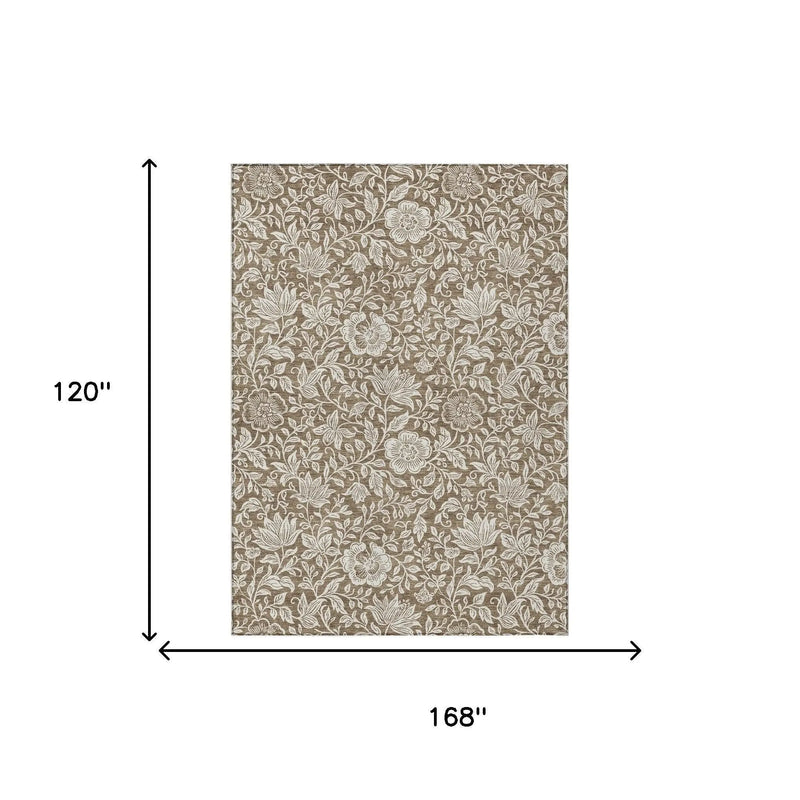Beige floral patterned area rug, 120"x168", soft fabric, elegant design, perfect for living room décor.