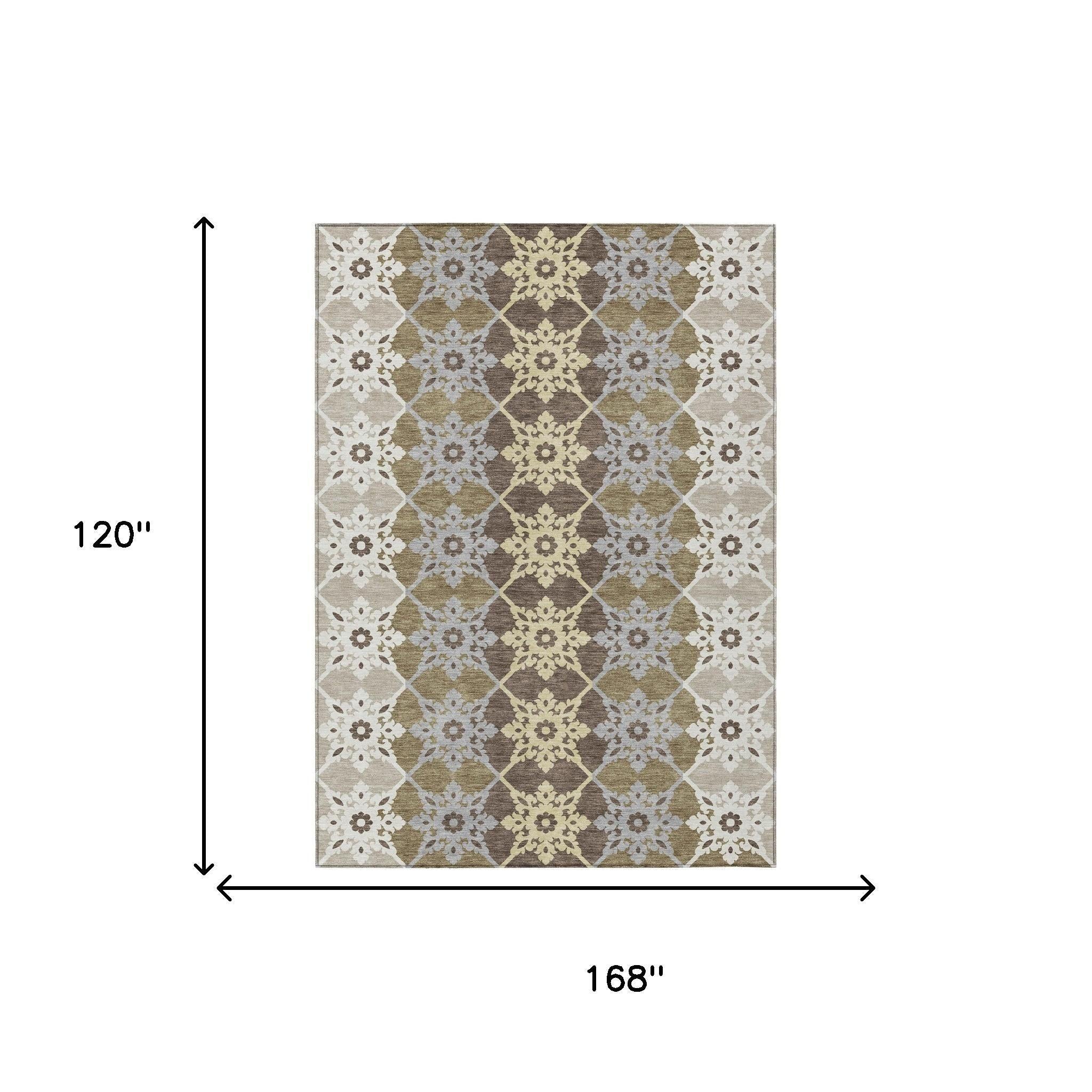10' X 14' Brown And Pewter Floral Medallion Washable Indoor Outdoor Area Rug Homeroots Outdoor