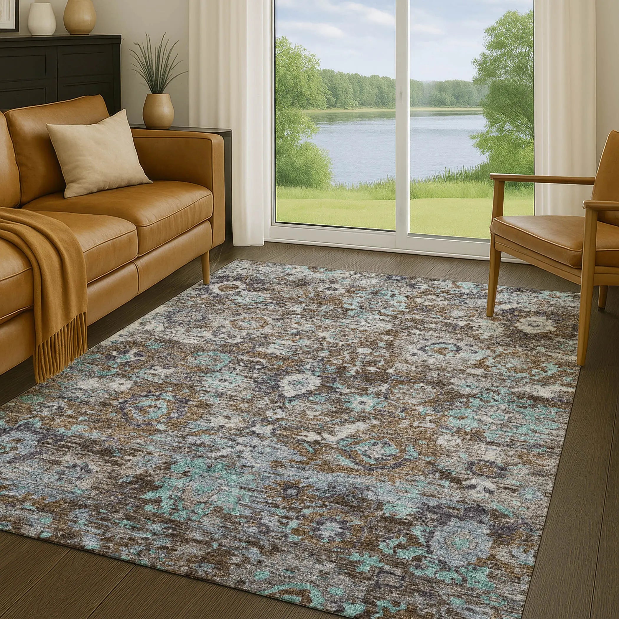 10' X 14' Brown And Teal Blue Floral Washable Indoor Outdoor Area Rug Homeroots Outdoor