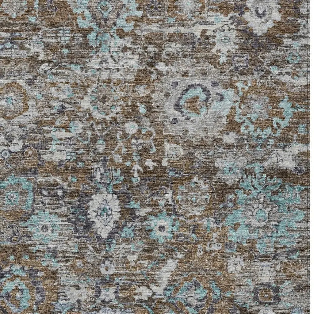 10' X 14' Brown And Teal Blue Floral Washable Indoor Outdoor Area Rug Homeroots Outdoor