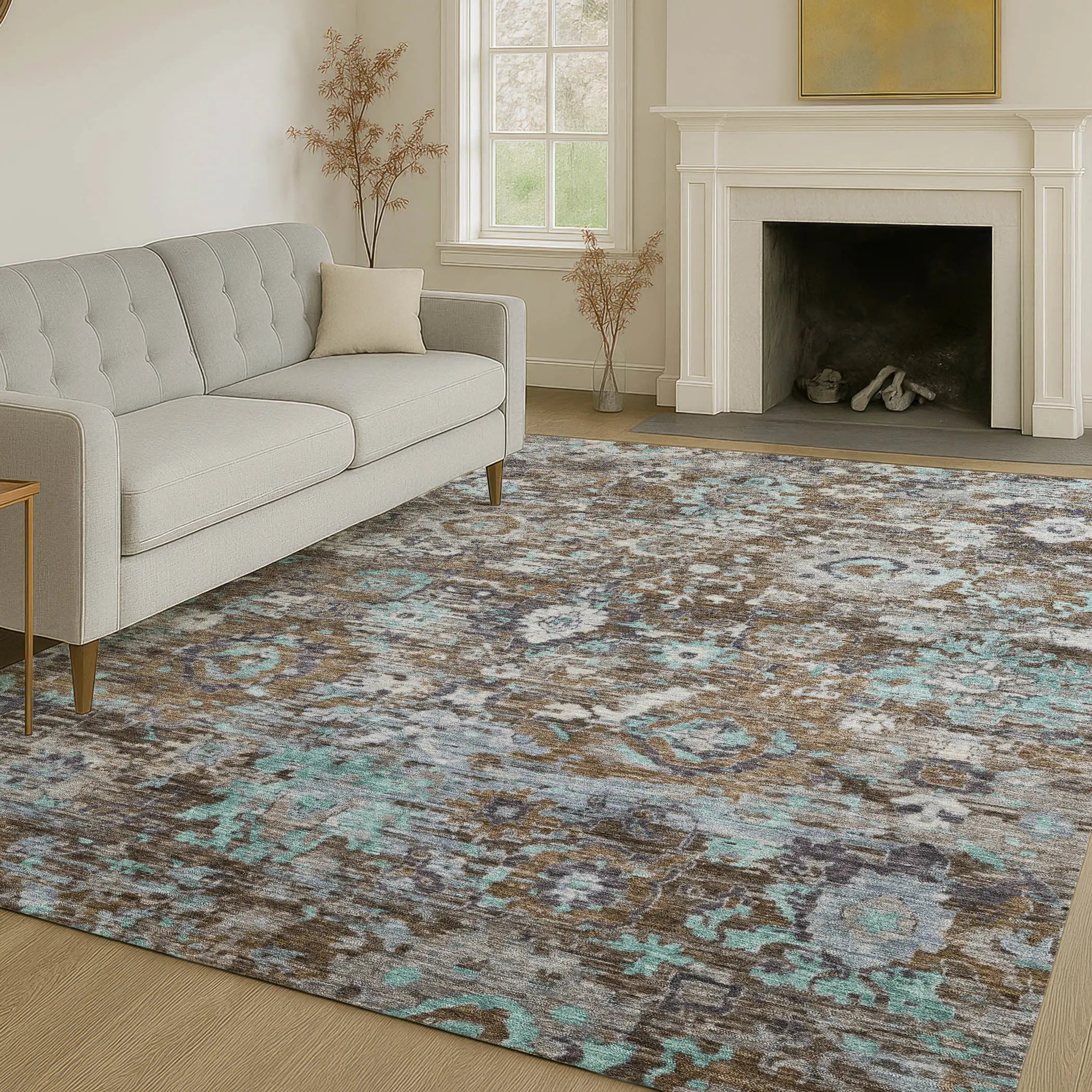 10' X 14' Brown And Teal Blue Floral Washable Indoor Outdoor Area Rug Homeroots Outdoor
