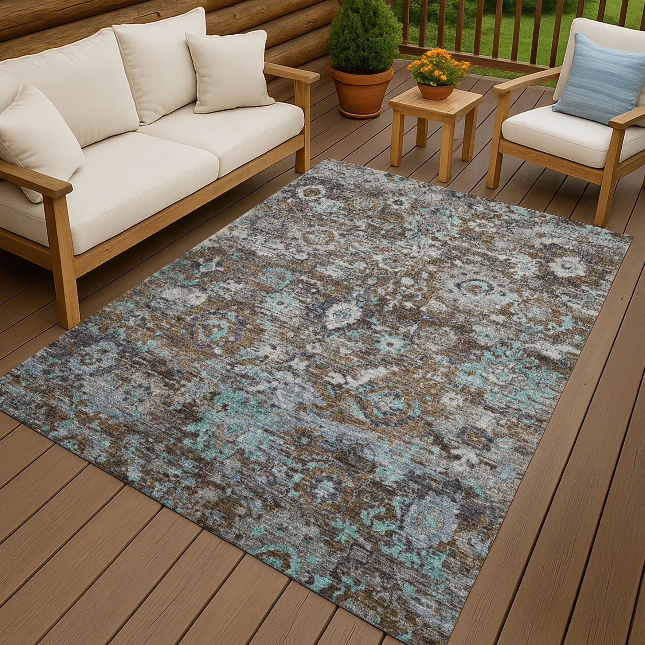 10' X 14' Brown And Teal Blue Floral Washable Indoor Outdoor Area Rug Homeroots Outdoor