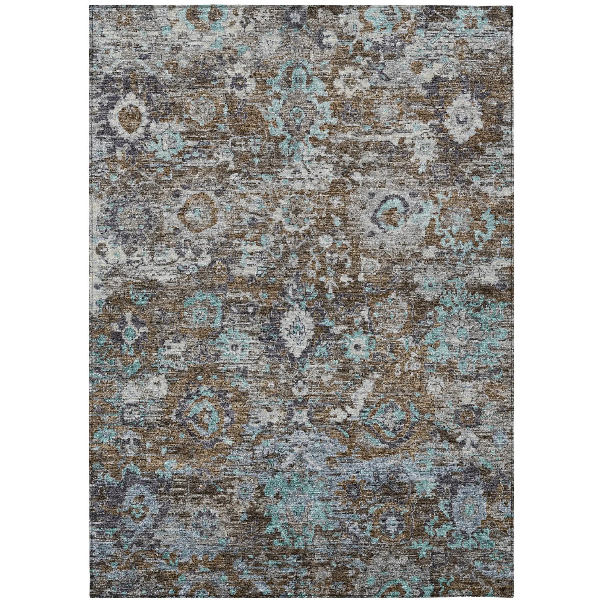 10' X 14' Brown And Teal Blue Floral Washable Indoor Outdoor Area Rug Homeroots Outdoor