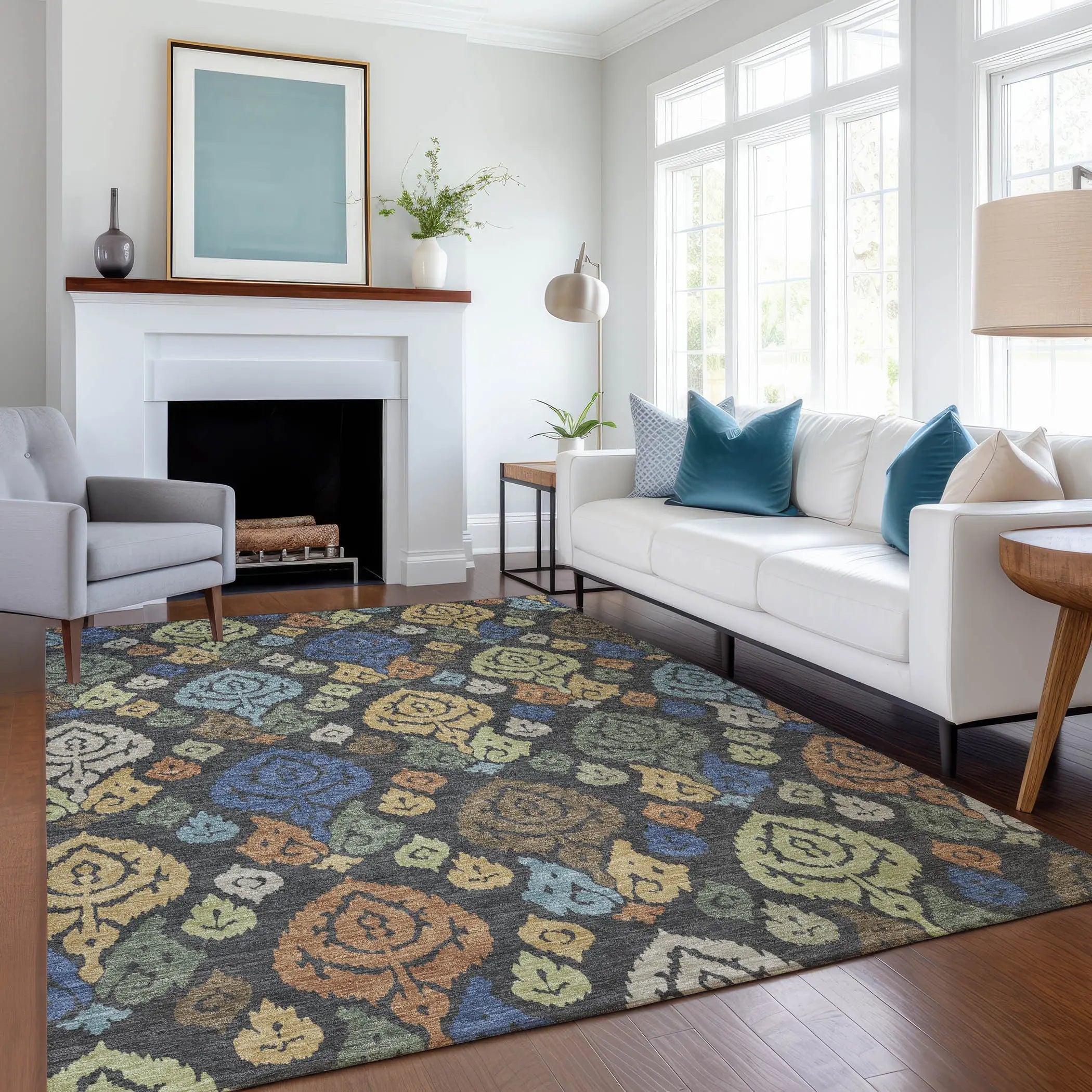 10' X 14' Charcoal And Green Damask Washable Indoor Outdoor Area Rug Homeroots Outdoor