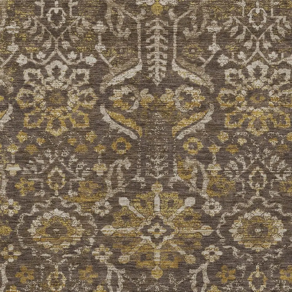 10' X 14' Chocolate And Brown Damask Washable Indoor Outdoor Area Rug Homeroots Outdoor