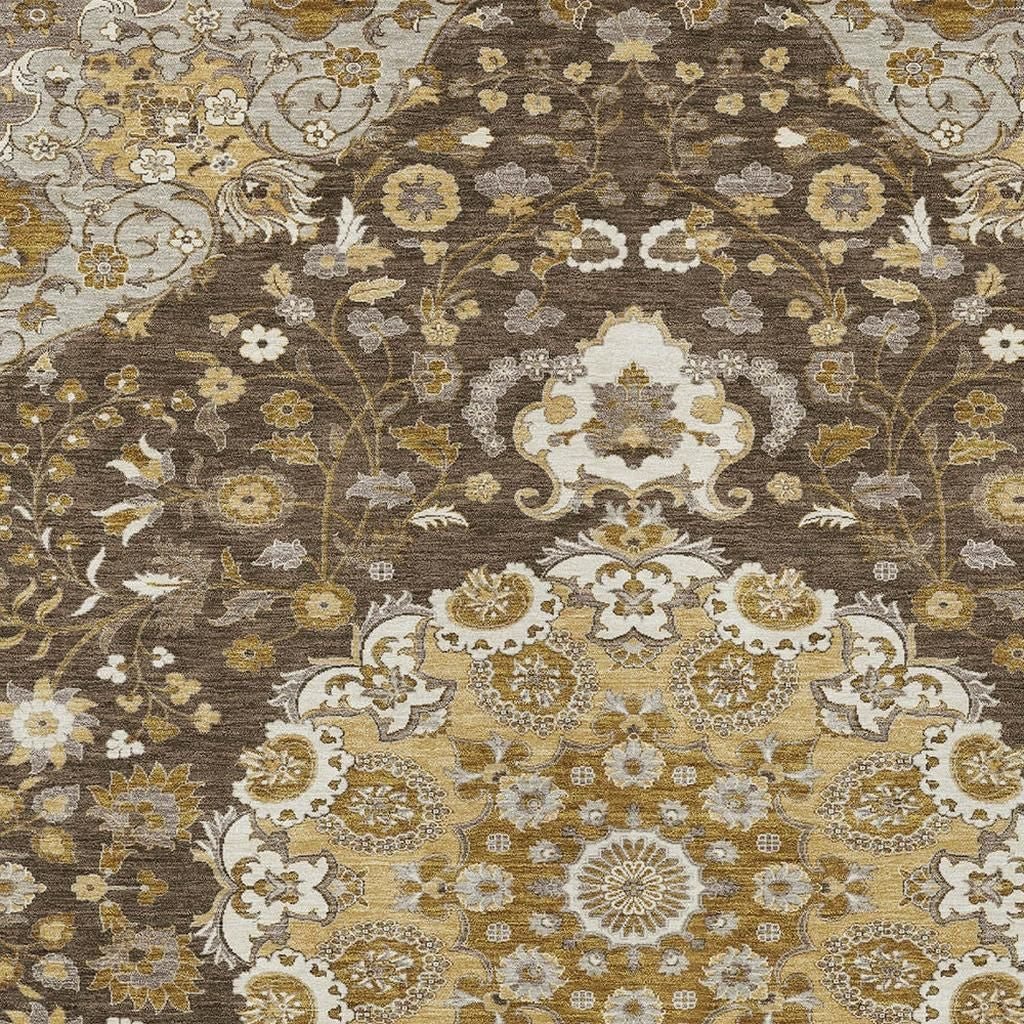 10' X 14' Chocolate And Brown Damask Washable Indoor Outdoor Area Rug Homeroots Outdoor